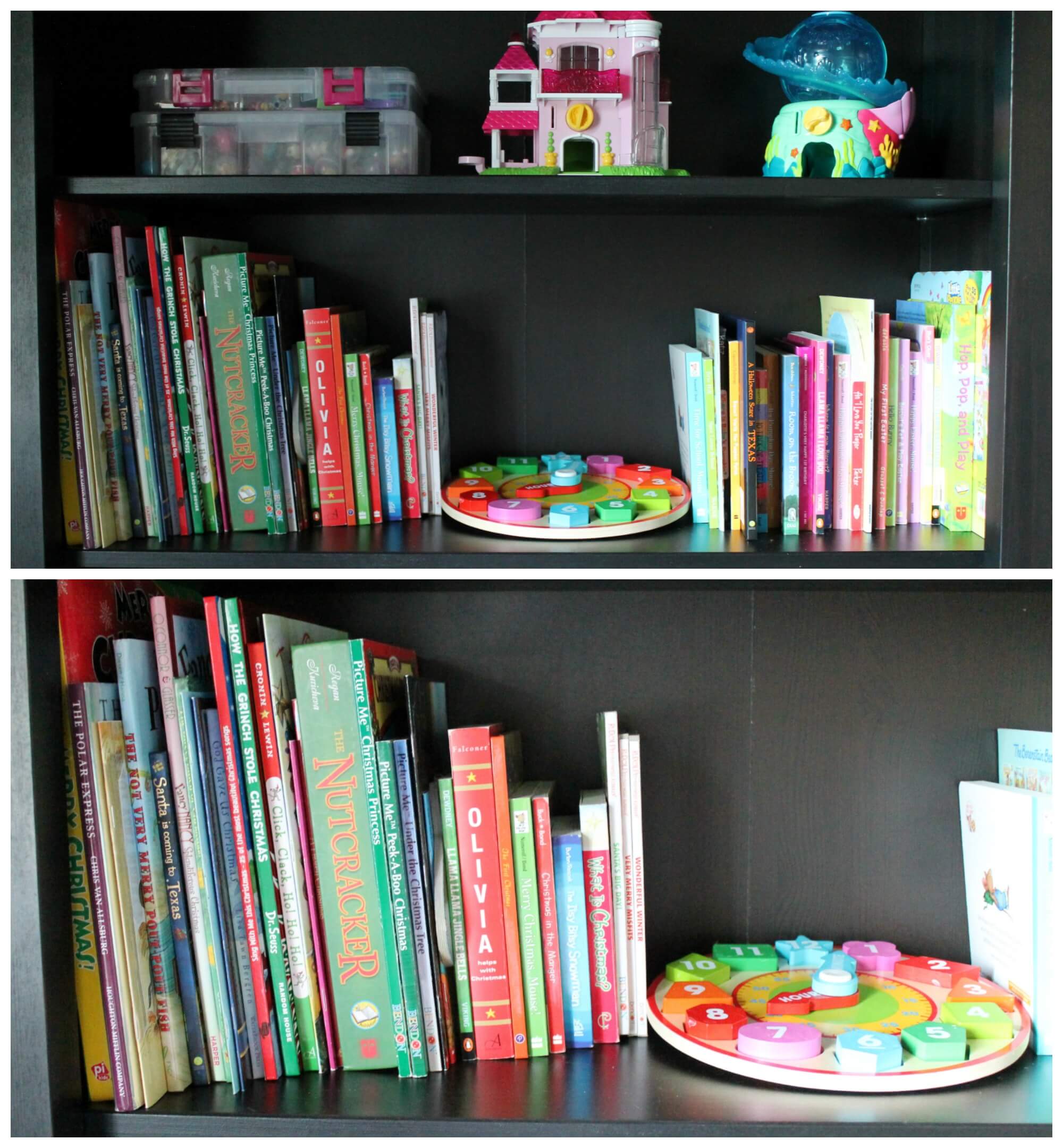 Playroom Organization Hacks. Organizing books by season. Genius!