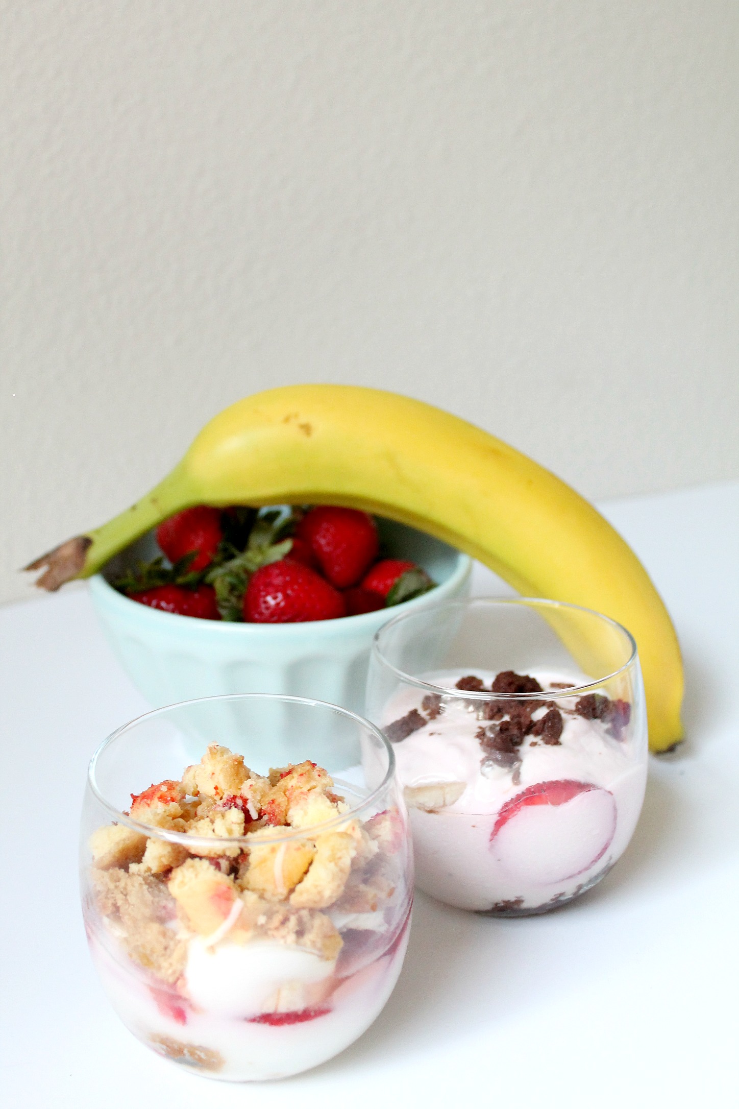 Delicious Strawberry Cheesecake Parfait and Banana Split Brownie Parfait. Healthy and easy dessert! Indulge without the guilt!