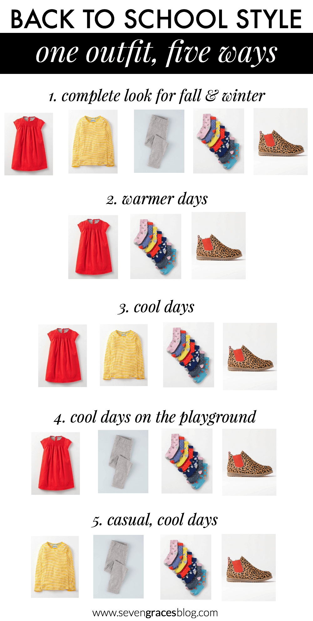 Back to school style. One outfit, five ways. Here's how you can create a great outfit for your little girl that will last from the beginning of the school year well into winter. #BodenBacktoSchool