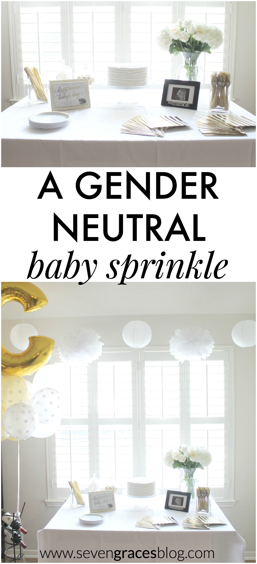 A gender neutral baby shower sprinkle. All the details from an elegant and simple shower in a color scheme of white, gray, and gold. Just beautiful!