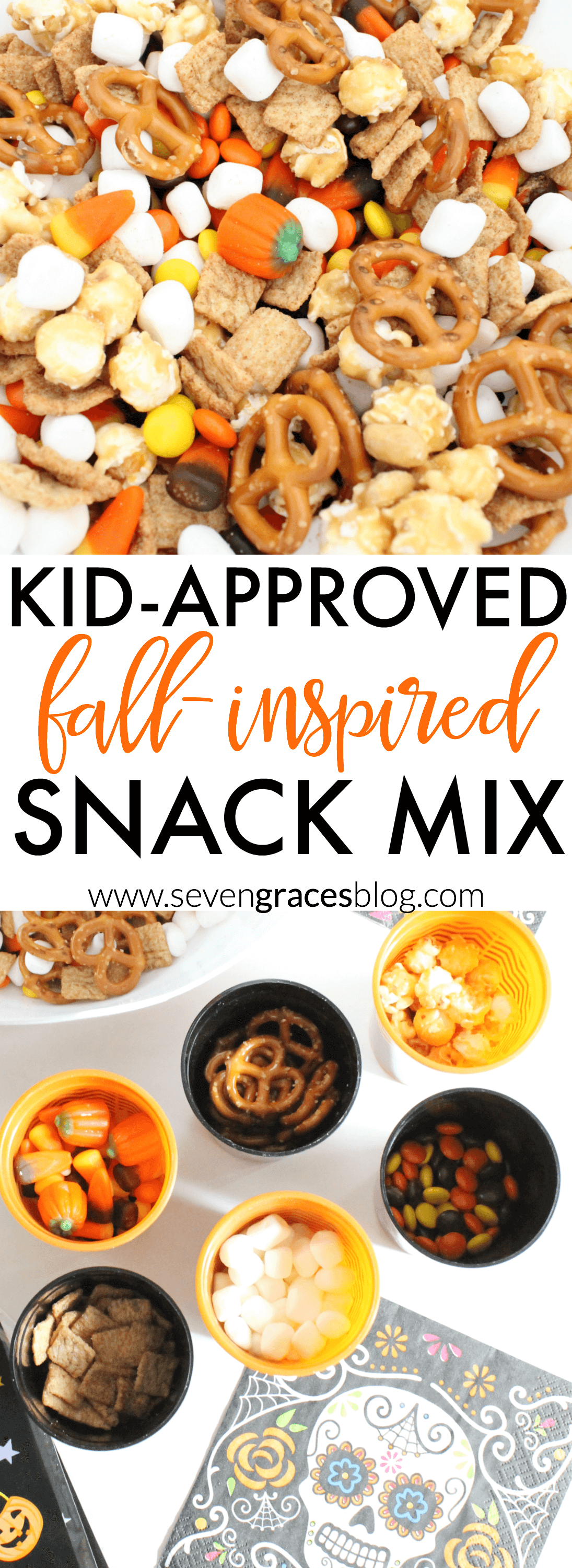 Kid-approved, fall-inspired snack mix. The perfect mix of salty and sweet. Perfect for party mix for Dia de los Muertos, Halloween, or any festive fall party. 