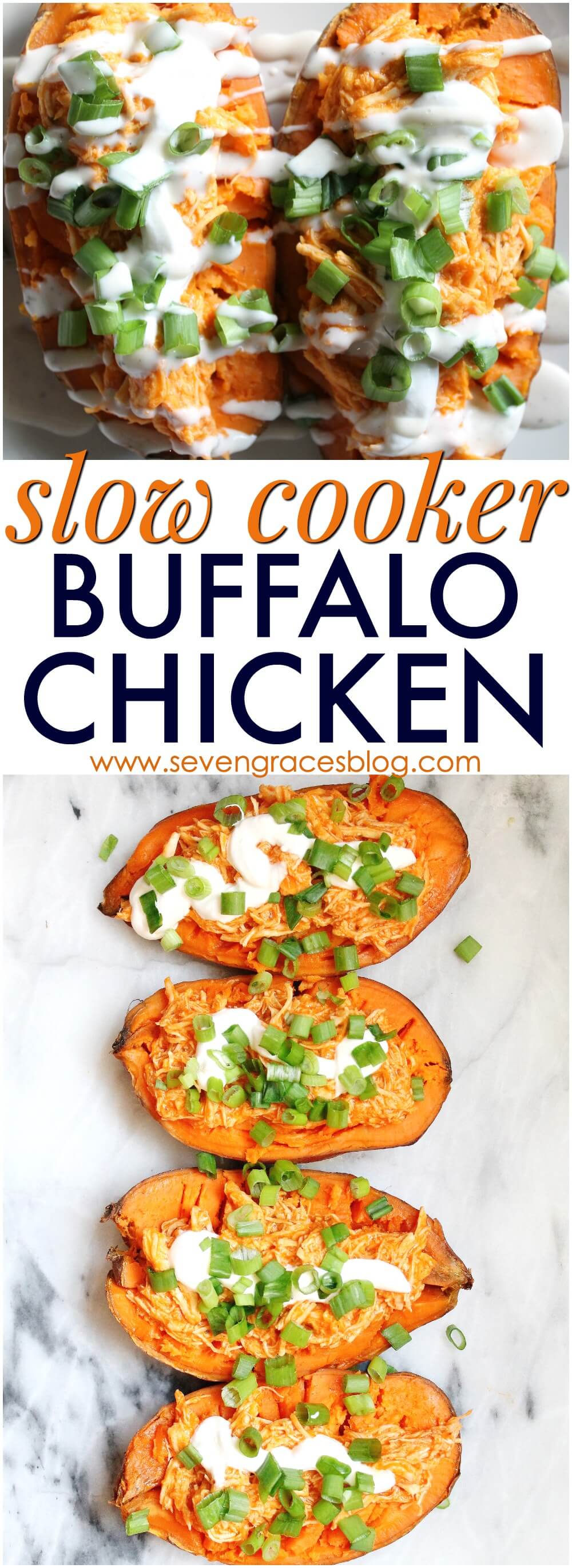 Slow Cooker Buffalo Chicken. Three-ingredient, easiest and best sweet potato boats loaded with shredded buffalo chicken. This was so amazingly delicious!