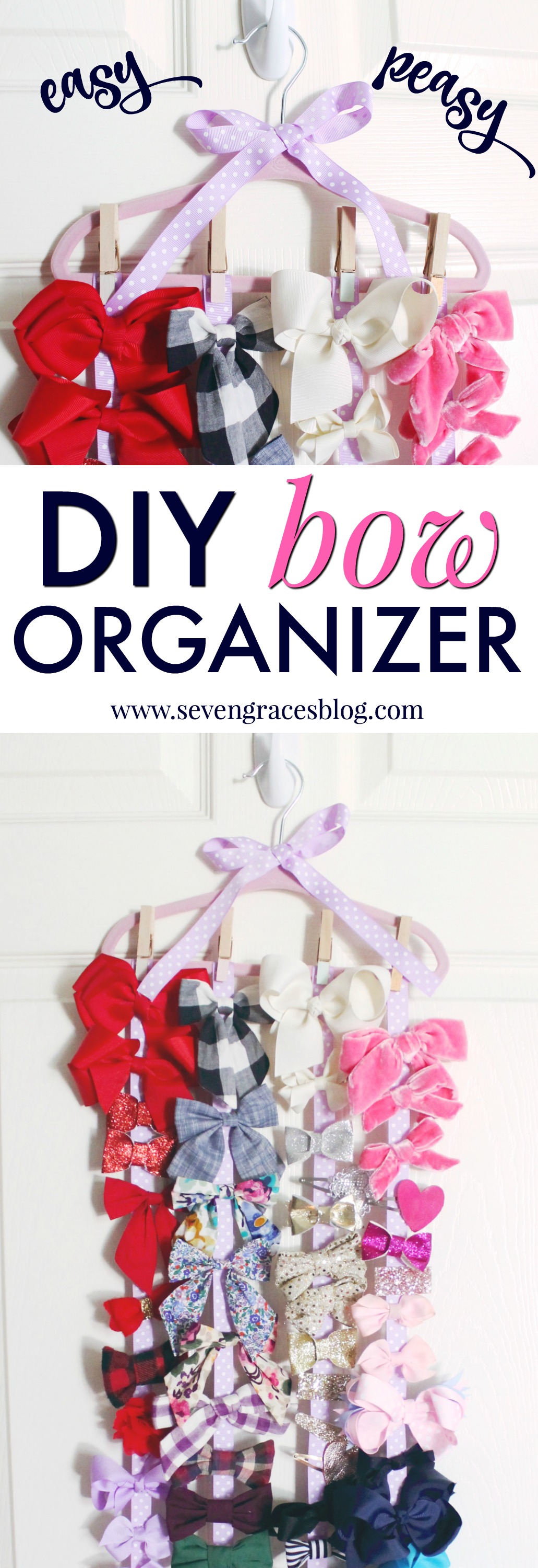 The easiest DIY bow organizer to house all of your little girl's bow clips! You don't even need a hot glue gun for this DIY. So easy and cute!