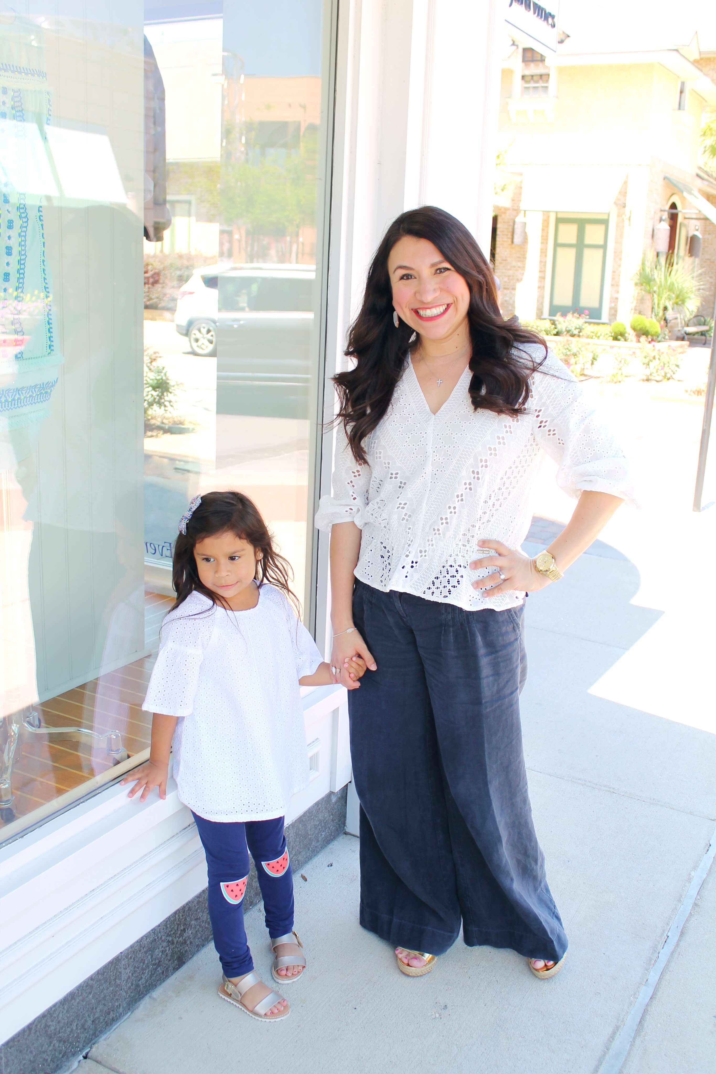 Mama & Mini fashion. Eyelet tops and navy pants for spring. 