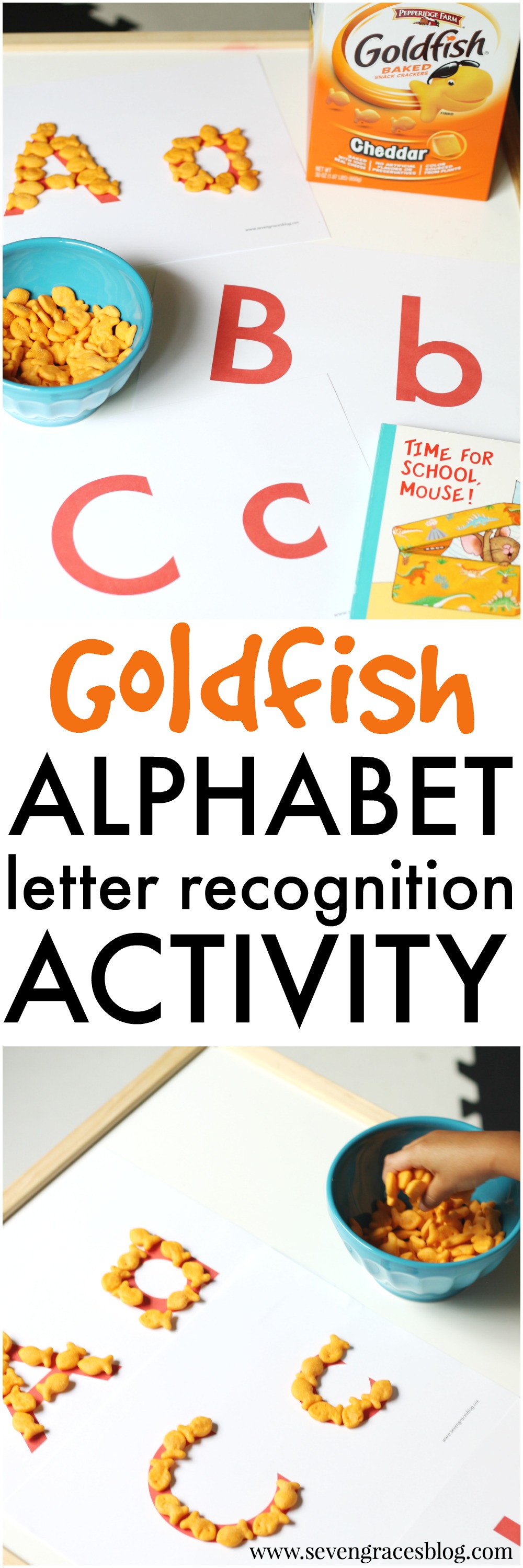 The best letter recognition activity for your preschooler using Goldfish crackers! This is a must try, and it includes a free printable of the alphabets. This free alphabet printable + great preschool activity is a winner.