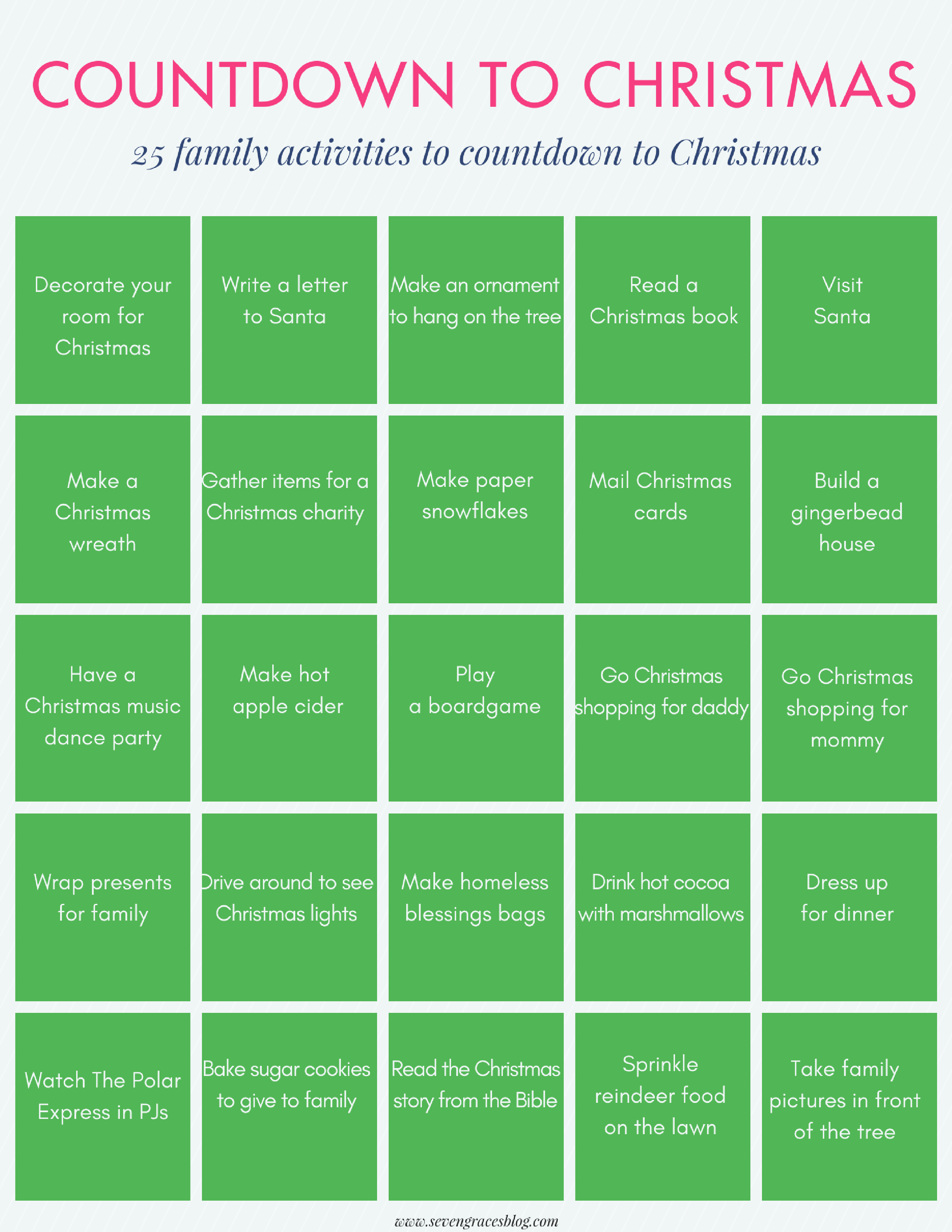 25 fun family activities and traditions to countdown to Christmas. Free printable in both regular and legal size paper. These are too cute and so much fun to do with your kids this holiday season!