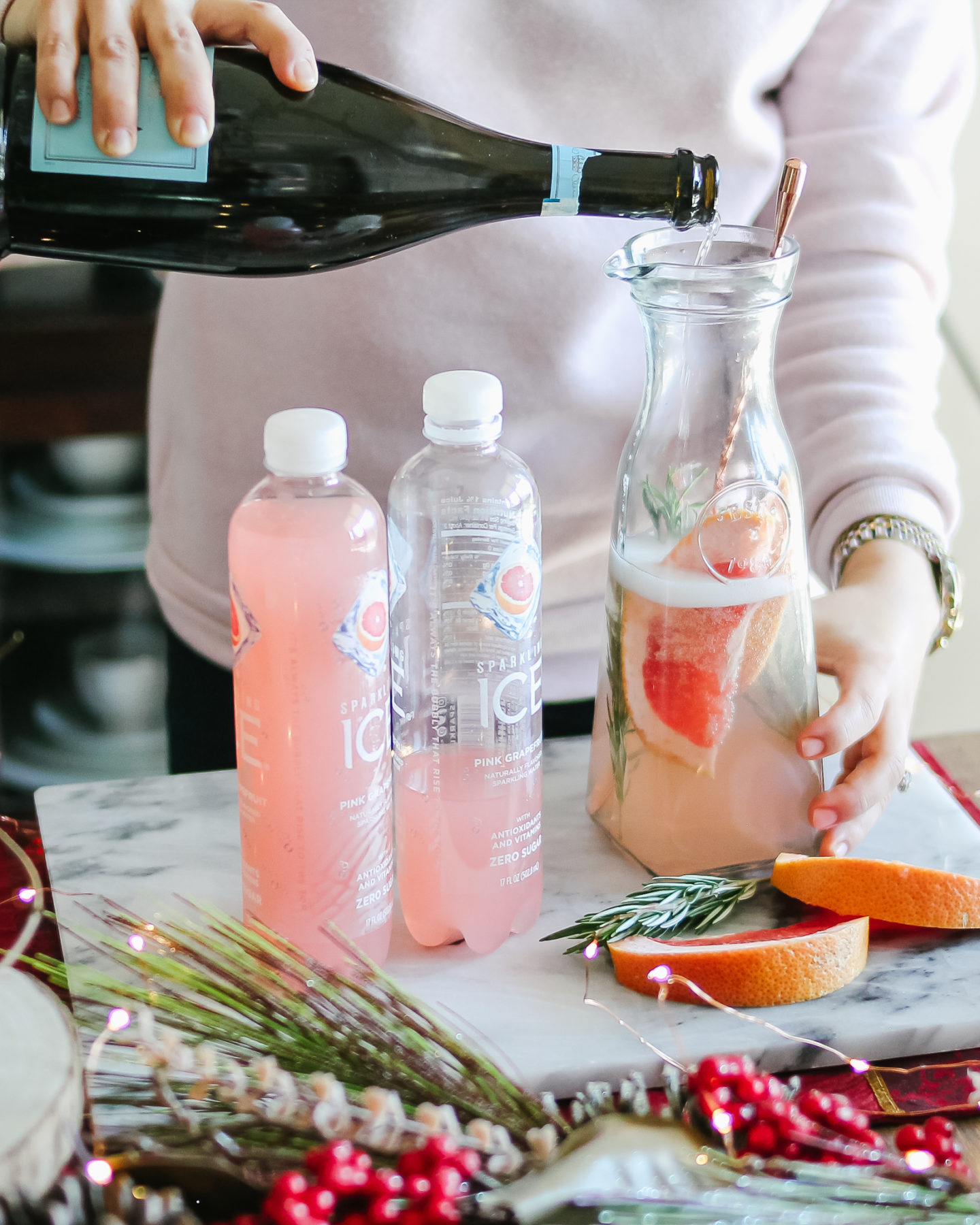 The easiest, sparkling Grapefruit & Rosemary Christmas Cocktail! With @SparklingICE #ad #GetFizzy #SparklingIceLife #SparklingFestivities #HolidayDrinks