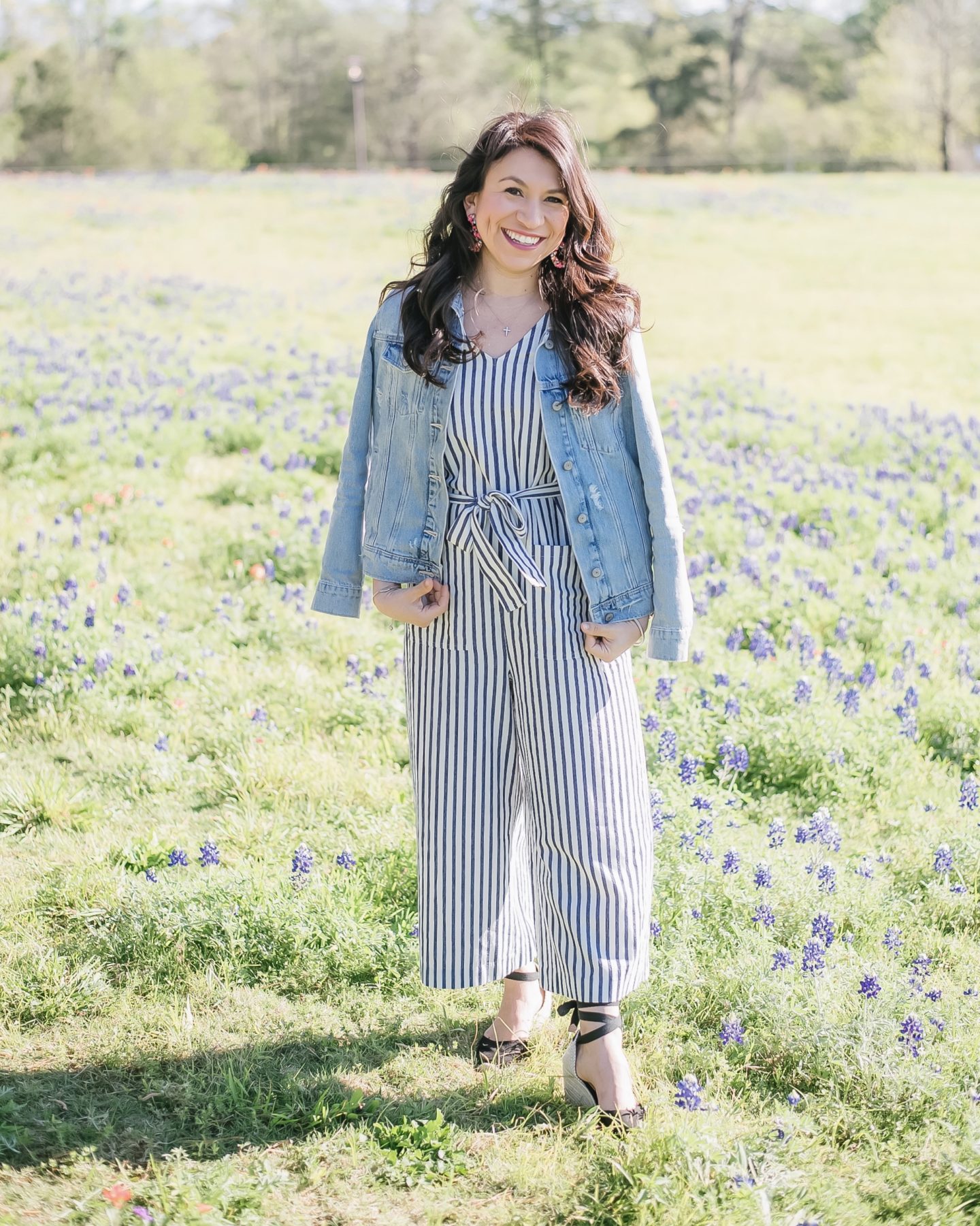 jumpsuit and blue jean jacket