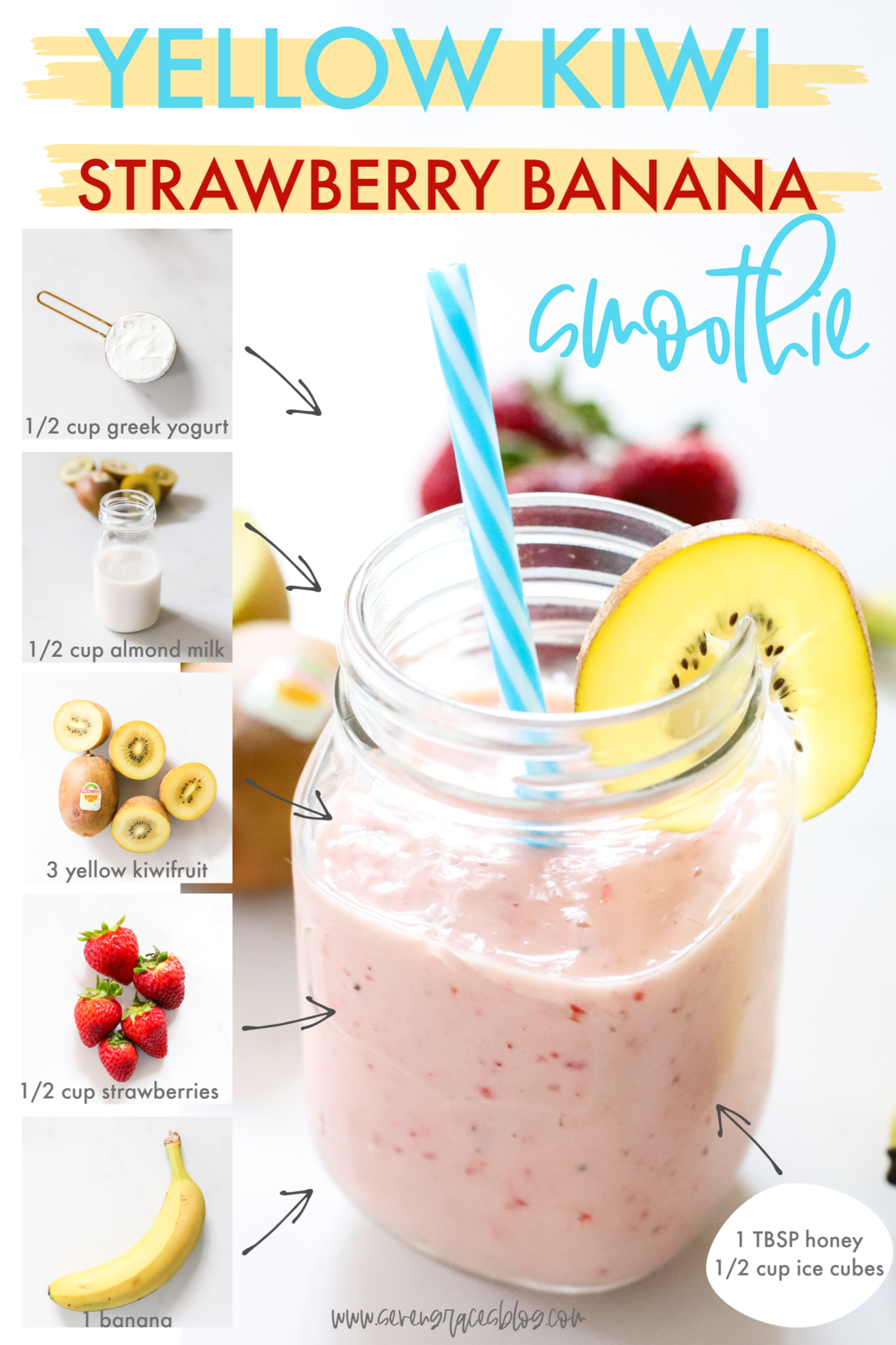 The perfect yellow kiwi strawberry banana smoothie! Perfect for on the go and wandering into new adventures. #WanderWithZespri #ZespriSunGoldKiwifruit #Zespri #Ad