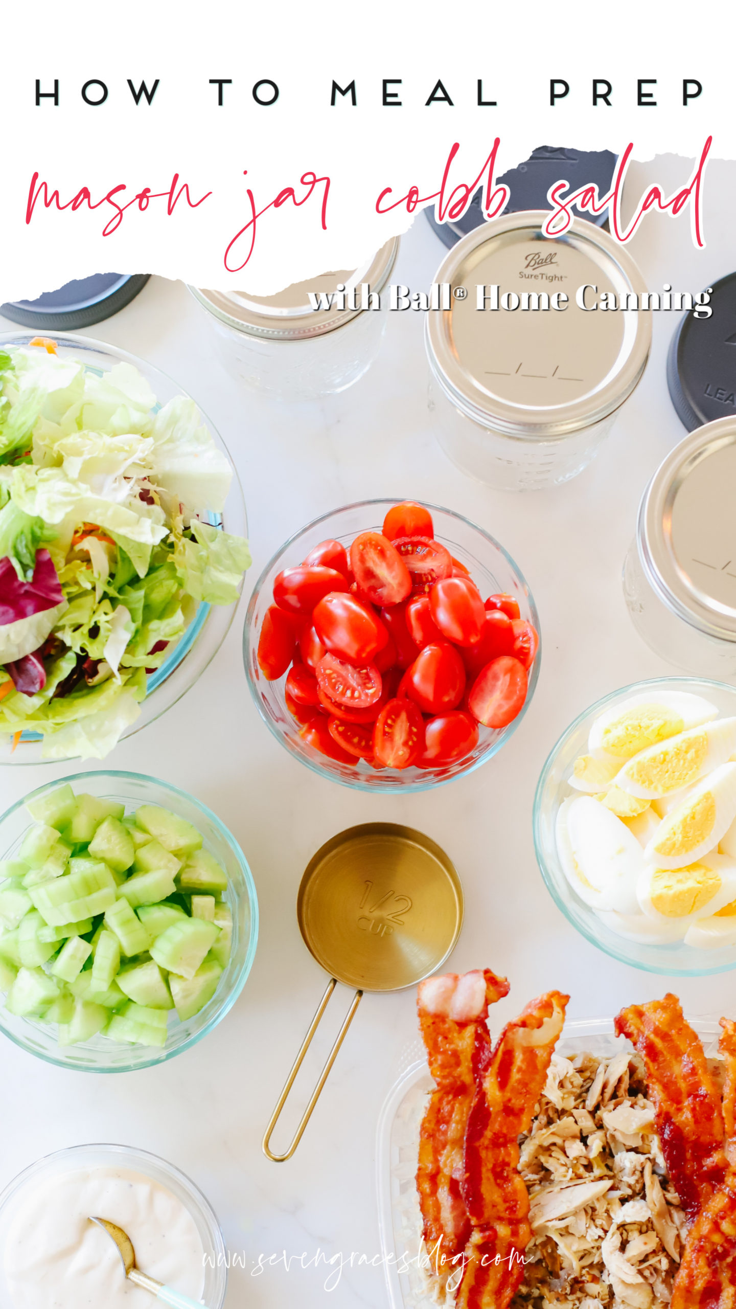 Meal prep with Ball® Jar to create the perfect Cobb Salad (Keto & Whole30 approved)! Add an easy and nutritious salad to your meal prep routine, always ready to go to help you stay on track! It's the perfect mason jar salad. #ad #Whole30WithBall #MadeWithBall #BallJars #Whole30Diet #BallInAJar @BallCanning