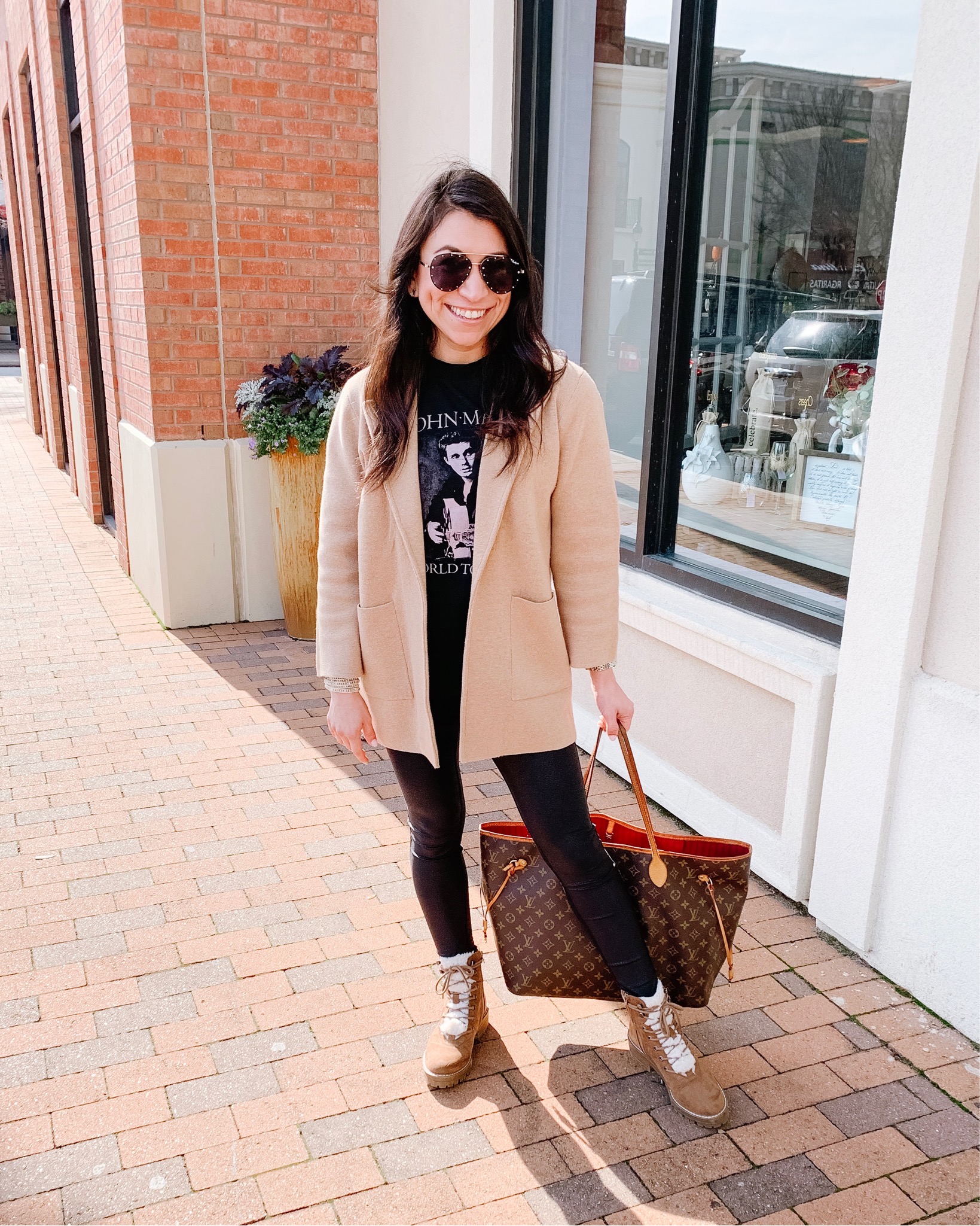  coatigan + concert tee + faux leather leggings + sherpa boots