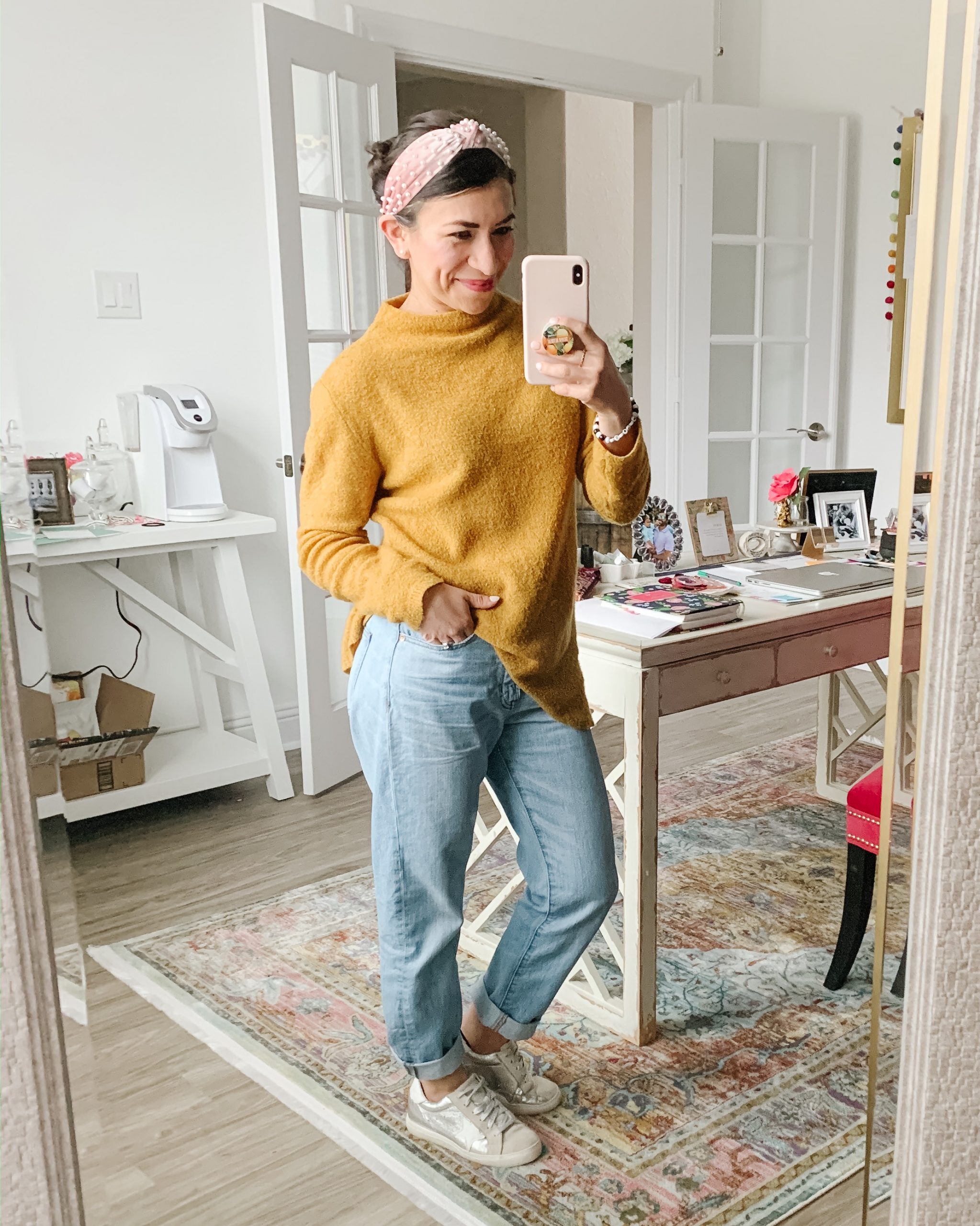 mustard sweater + mom jeans + headband + golden goose dupes
