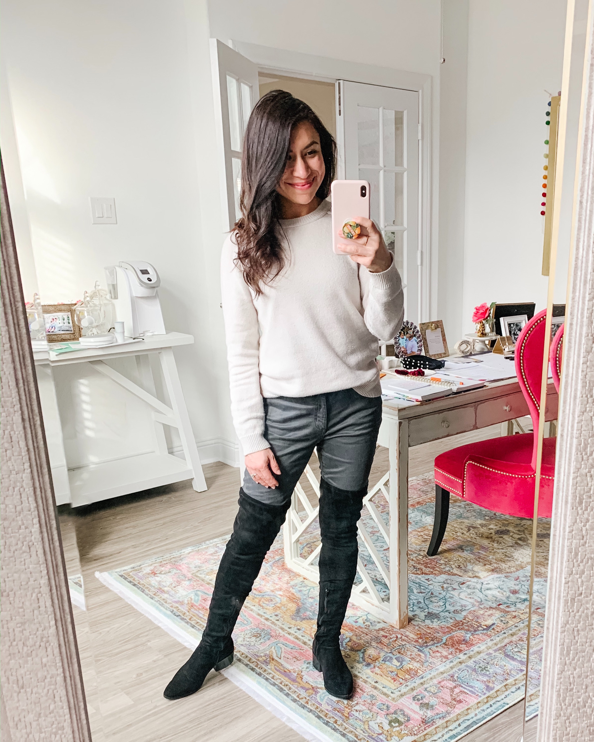 over-the-knee boots + grey jeans + neutral sweater
