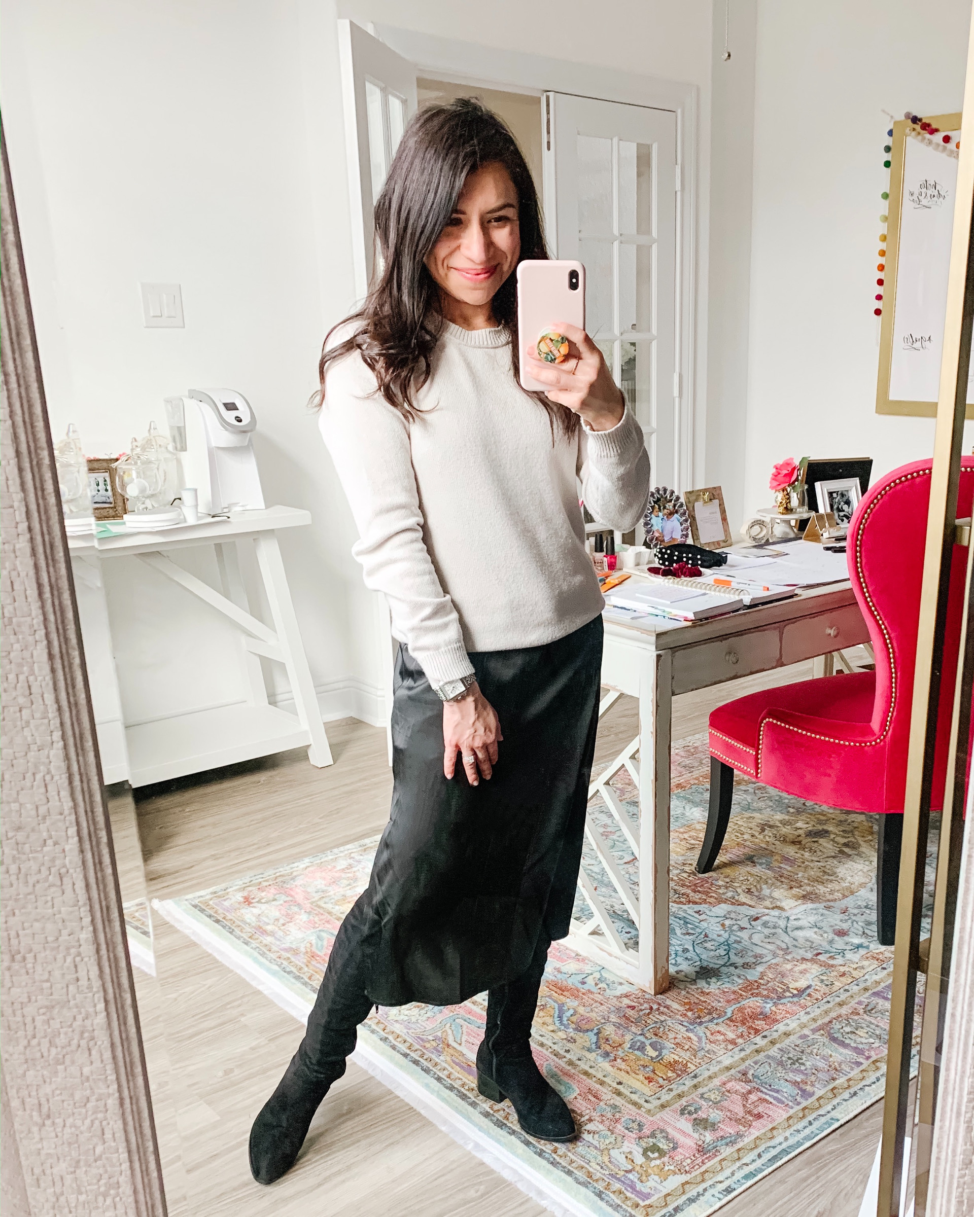 how to wear a slip dress + sweater + over-the-knee boots