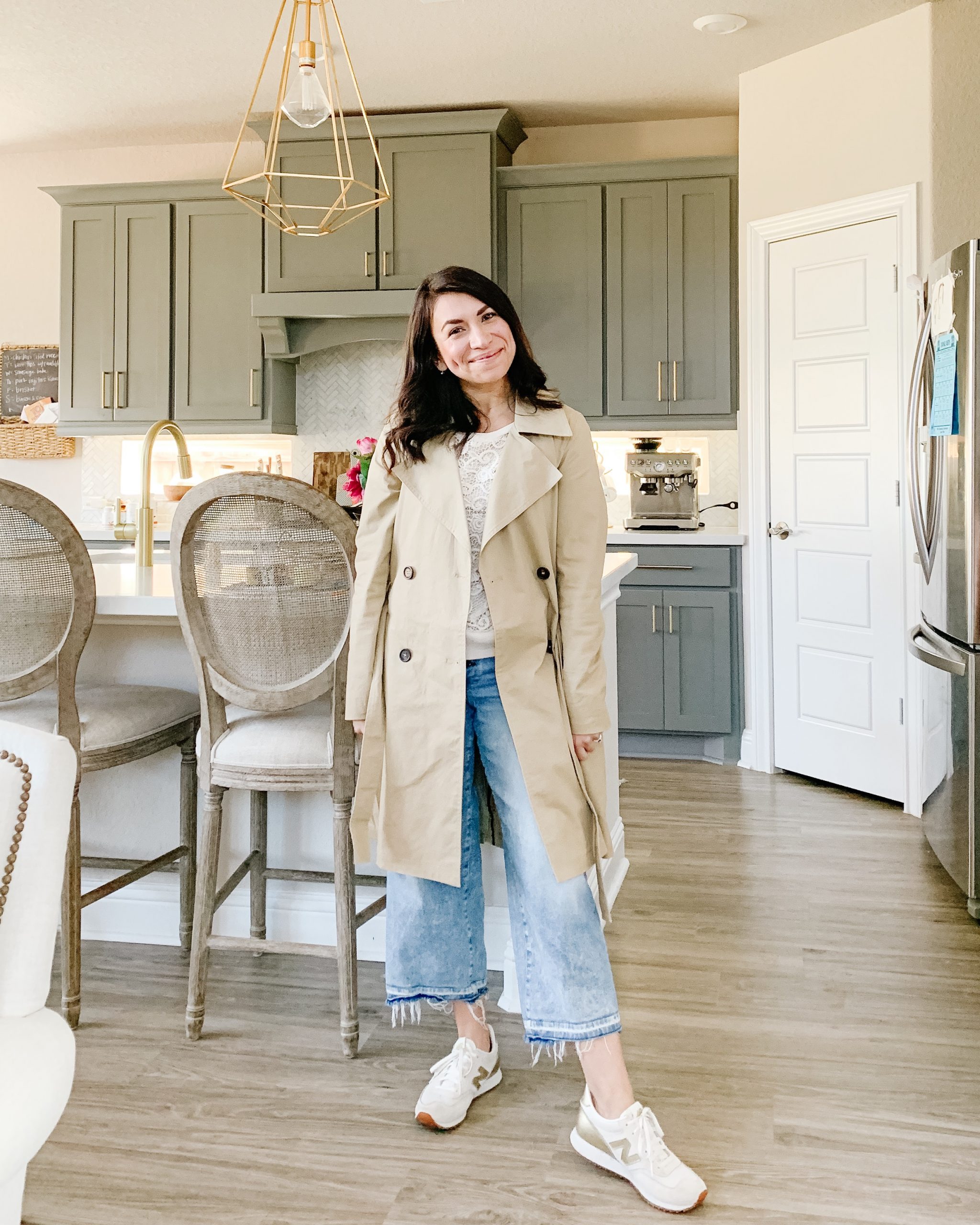 trench coach casual + sweatshirt + cropped wide leg jeans + sneaks